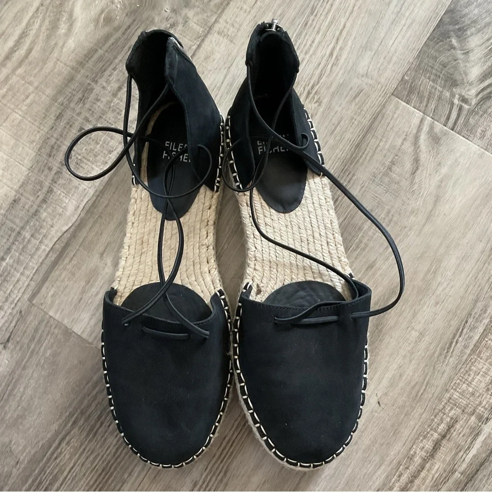 Eileen Fisher Black Suede Espadrille Lace Up Flat Shoes 8.5
